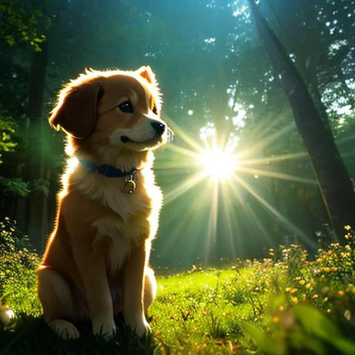 (best quality: 1.2), (masterpiece: 1.2), (realistic: 1.2), closeup photo, a very cute jumping puppy in the forest, soft volumetric lights, (looking at the viewer: 1.3), (backlit:1.3), (cinematic:1.2), intricate details, masterpiece