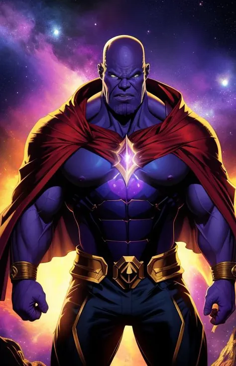 (best quality: 1.2), (masterpiece: 1.2), (realistic: 1.2), stunning angry Thanos, bald, purple cape, nebula space background, volumetric light, upper body, muscle, muscular, fantasy, dynamic angle, dynamic pose, masterpiece
