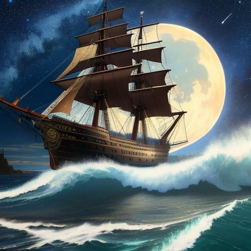 (best quality: 1.2), (masterpiece: 1.2), (realistic: 1.2), a steampunk ship on high sea, huge waves, starry night, on eye level, scenic, masterpiece