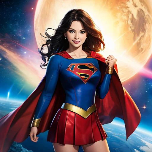 (best quality: 1.2), (masterpiece: 1.2), (realistic: 1.2), (inked: 1.3), best quality, beautiful woman as supergirl, she has (wavy black hair: 1.7), superhero, blue bodysuit, red short skirt, red cape, grin, in space, earth background, sharp focus, 8k, centered, medium shot, masterpiece