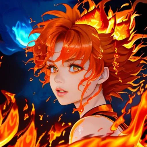 (best quality: 1.2), (masterpiece: 1.2), (realistic: 1.2), 1girl, ((fiery red and orange elemental hair made of liquid fire:1.5)), (wild fiery hair)), (glowing embers floating off hair), (mature fire bender), (volcano Island background), ((controlling swirling rings of (blue) psychedelic fire)), arcane floating runes, on eye level, scenic, masterpiece