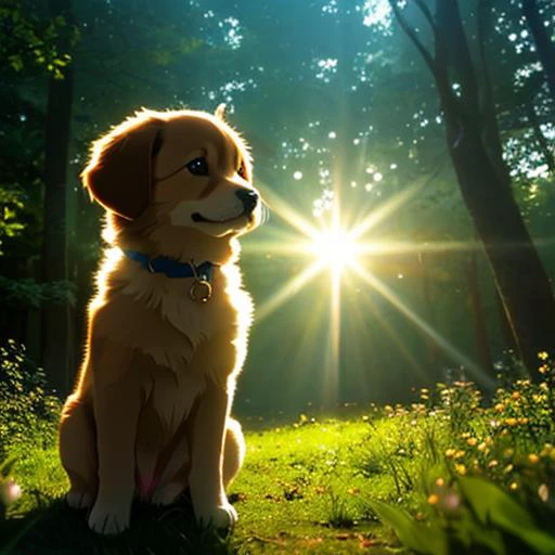 (best quality: 1.2), (masterpiece: 1.2), (realistic: 1.2), closeup photo, a very cute jumping puppy in the forest, soft volumetric lights, (looking at the viewer: 1.3), (backlit:1.3), (cinematic:1.2), intricate details, masterpiece