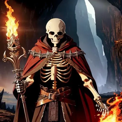 (best quality: 1.2), (masterpiece: 1.2), (realistic: 1.2), a portrait of a (skeleton: 1.3) holding a flaming spear, (old and ragged cape: 1.2), (dark cave in the background), detailed middle-earth setting, on eye level, mimicking ruined materials, extremely detailed, on eye level, scenic, masterpiece