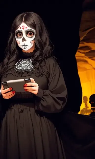 full body shot of a creepy mexican woman with (sugar skull makeup in her face: 1.7), (she's playing videogames: 1.7), (wearing an all-black vintage dress: 1.3), short wavy black hair, (a creepy horror movie cave in the background: 1.7), a skeleton crowd in the background, (mystic fog: 1.5), (vintage horror movie setting: 1.7), at midnight, nightlighting, dark photograph, nostalgic