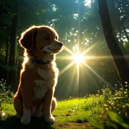 (best quality: 1.2), (masterpiece: 1.2), (realistic: 1.2), closeup photo, a very cute jumping puppy in the forest, soft volumetric lights, (looking at the viewer: 1.3), (backlit:1.3), (cinematic:1.2), intricate details, masterpiece