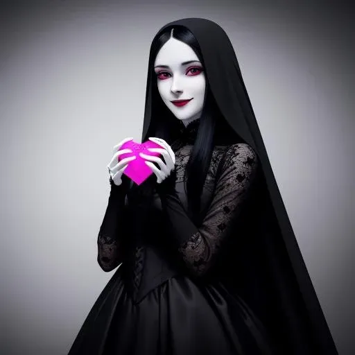 a terrifying demon woman from the underground holding an anatomically correct human heart on her hands, the heart has a small black veil dowing from it, very pale skin, dirty and tangled hair, fangs, evil smile, white dress, long hair, dark sunken eyes, bokeh, black lace gloves, photo taken with Canon EOS 5D Mark IV, film grain, highly detailed, 8K resolution, 8K UHD