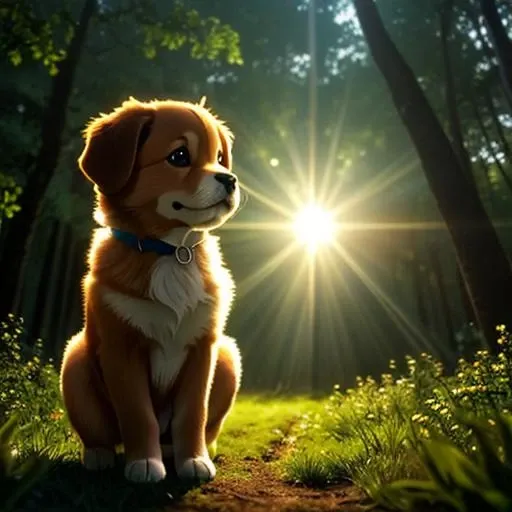 (best quality: 1.2), (masterpiece: 1.2), (realistic: 1.2), closeup photo, a very cute jumping puppy in the forest, soft volumetric lights, (looking at the viewer: 1.3), (backlit:1.3), (cinematic:1.2), intricate details, masterpiece