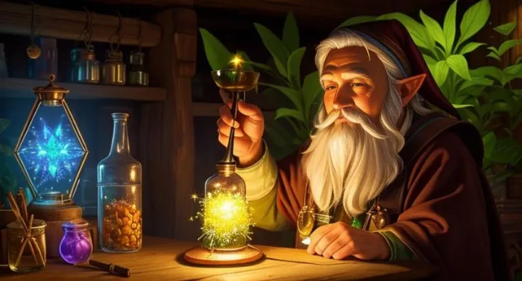 (best quality: 1.2), (masterpiece: 1.2), (realistic: 1.2), solo, !wise old gnome alchemist in his secret botanical laboratory crafting a magical glowing potion,light particle,20 megapixel, on eye level, scenic, masterpiece