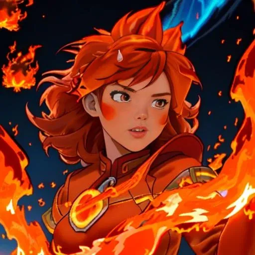 (best quality: 1.2), (masterpiece: 1.2), (realistic: 1.2), 1girl, ((fiery red and orange elemental hair made of liquid fire:1.5)), (wild fiery hair)), (glowing embers floating off hair), (mature fire bender), (volcano Island background), ((controlling swirling rings of (blue) psychedelic fire)), arcane floating runes, on eye level, scenic, masterpiece