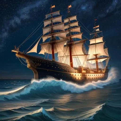 (best quality: 1.2), (masterpiece: 1.2), (realistic: 1.2), a steampunk ship on high sea, huge waves, starry night, on eye level, scenic, masterpiece