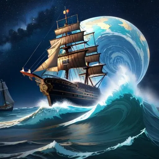 (best quality: 1.2), (masterpiece: 1.2), (realistic: 1.2), a steampunk ship on high sea, huge waves, starry night, on eye level, scenic, masterpiece