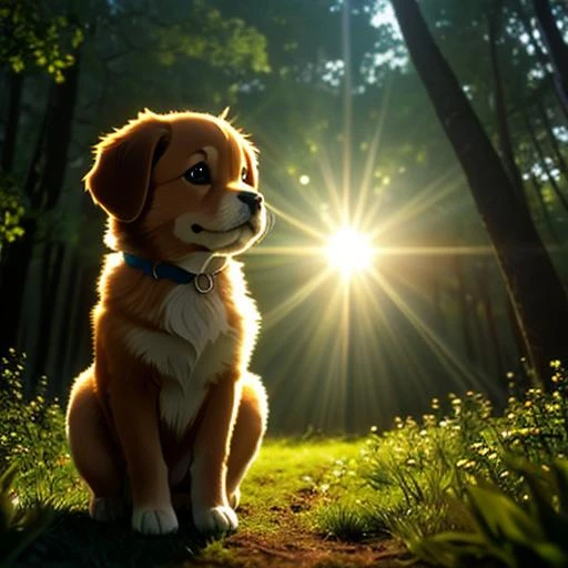 (best quality: 1.2), (masterpiece: 1.2), (realistic: 1.2), closeup photo, a very cute jumping puppy in the forest, soft volumetric lights, (looking at the viewer: 1.3), (backlit:1.3), (cinematic:1.2), intricate details, masterpiece