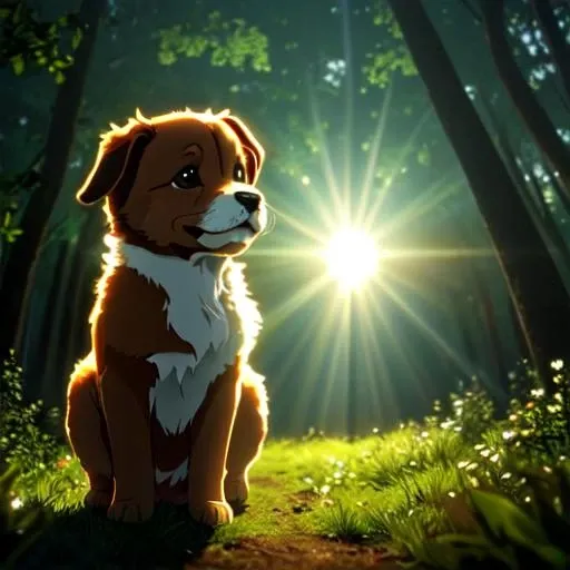 (best quality: 1.2), (masterpiece: 1.2), (realistic: 1.2), closeup photo, a very cute jumping puppy in the forest, soft volumetric lights, (looking at the viewer: 1.3), (backlit:1.3), (cinematic:1.2), intricate details, masterpiece