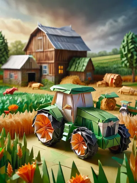 ral-orgmi, a origami paper tractor in a field with a barn in the background <lora:ral-orgmi-sdxl:1>