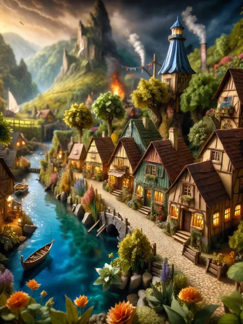 ral-orgmi, A whimsical scene of a ral-orgmi fairy village, with tiny habor, tiny fishing boats, a lighthouse, houses, ale house, boat yard bridges, and gardens all intricately detailed in ral-orgmi textures, smoke from chimneys <lora:ral-orgmi-sdxl:0.9>, dynamic, cinematic, masterpiece, intricate, hdr. <lora:EnvyBetterHiresFixXL01:0:hr=1>