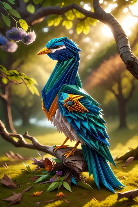 ral-orgmi, a origami paper bird is sitting on a tree branch <lora:ral-origami:1>