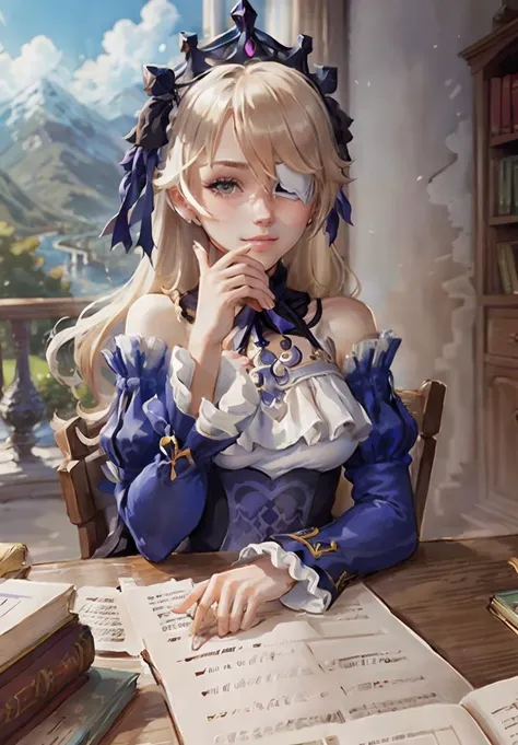 masterpiece, best quality, extremely detailed, (1girl, solo), (pov across table), table, <lora:povAcrossTable_v008Beta:1>, fischl (ein immernachtstraum) (genshin impact), red eyes, white pupils, alternate eye color, fischl (genshin impact), detached collar, detached sleeves, official alternate costume, blonde hair, hair over one eye, tiara, dress, smile, long hair, thighhighs, bare shoulders, white thighhighs, long sleeves, looking at viewer, frills, ring, parted lips, purple dress, puffy sleeves, pantyhose, bangs, white pantyhose, single leg pantyhose, blush, juliet sleeves, breasts, hand up, eyepatch, ribbon, frilled sleeves, single thighhigh, jewelry,, long eyelashes, sharp eyes, beautiful eyes, detailed eyes, detailed hads, detailed background, bookshelves, papers, documents, mess, [cup of coffee], open window, garden, mountains, puffy clouds<lora:fischlGenshinImpact2in1_v10Locon:0.5> <lora:fischlGenshinImpact2in1_v10:0.5>