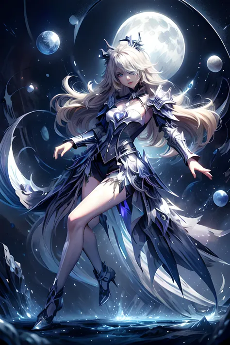 1 girl, Night:1, Full moon, long blonde hair:0.8, two side up, hair covering eye, eyepatch, full body silver plate armor:0.8, small breasts:1, <lora:SilverSapphireAI:0.55> SilverSapphireAI <lora:PsionicMagic-20:0.6> psionicmagic , mana flow, shimmers, psychic energy <lora:add_detail:0.8>, <lora:fischl_v2_896_lion_optimizer_dim64_KohyaLora_fp32_1e-1noise_token3_13-3-2023:0.8> fischl (genshin impact):0.8
