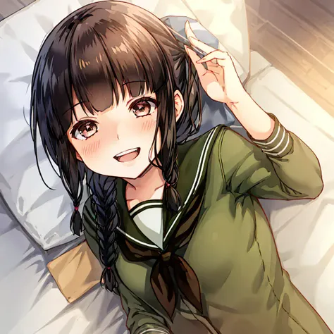 kitakami, 1girl, solo, long_hair, looking_at_viewer, blush, smile, bangs,  black_hair,  brown_eyes, school_uniform, hair_ribbon, braid, sidelocks, serafuku, blunt_bangs, sailor_collar, neckerchief, single_braid, hair_over_shoulder, tress_ribbon, black_neckerchief, green_sailor_collar, fallen down, embarrassed, blush, smile, open mouth, lying, on back,