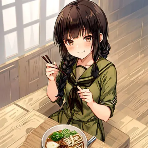 kitakami, 1girl, solo, long_hair, looking_at_viewer, blush, smile, bangs, full body, black_hair,  brown_eyes, school_uniform, hair_ribbon, braid, sidelocks, serafuku, blunt_bangs, sailor_collar, neckerchief, single_braid, hair_over_shoulder, tress_ribbon, black_neckerchief, green_sailor_collar, (sitting:1.1) ,ichiraku ramen, (eating ramen noodles:1.0), holding chopsticks and ramen bowl, slurp one's noodles