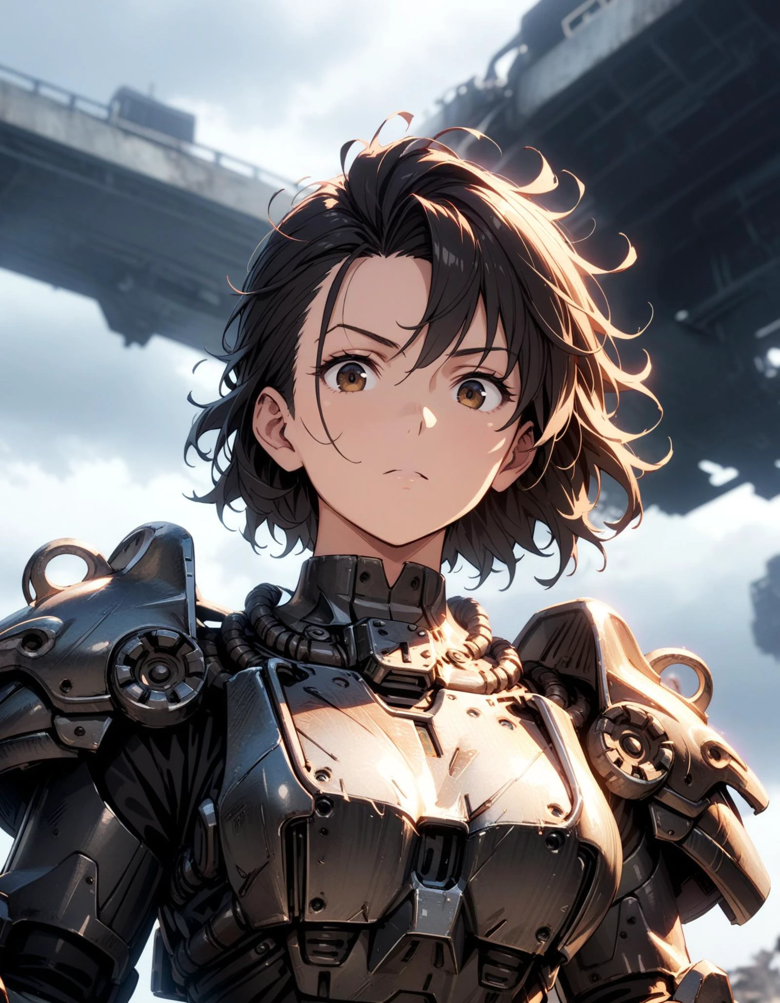 1girl, <lora:Power Armour v2.0:1> 7-PowerArmour solo, (t-60), shiny, no helmet, no headwear, small head, short hair, messy hair, asymmetrical hair, sidecut, undercut, upper body, from below, cinematic angle, looking down, looking at viewer, cloudy sky, overcast, depth of field, blurry background, cinematic, filmic, high budget, (masterpiece), (best quality), (ultra-detailed), very aesthetic, illustration, perfect composition, intricate details, absurdres, <lora:offset_0.2:0.5>, <lora:add-detail-xl:0.5>, <lora:sdxl2-flat2-512b:-0.5>, <lora:xl_more_art-full_v1:0.5>