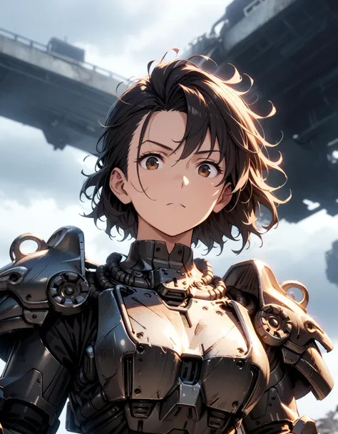 1girl, <lora:Power Armour v2.0:1> 7-PowerArmour solo, (t-60), shiny, no helmet, no headwear, small head, short hair, messy hair, asymmetrical hair, sidecut, undercut, upper body, from below, cinematic angle, looking down, looking at viewer, cloudy sky, overcast, depth of field, blurry background, cinematic, filmic, high budget, (masterpiece), (best quality), (ultra-detailed), very aesthetic, illustration, perfect composition, intricate details, absurdres, <lora:offset_0.2:0.5>, <lora:add-detail-xl:0.5>, <lora:sdxl2-flat2-512b:-0.5>, <lora:xl_more_art-full_v1:0.5>