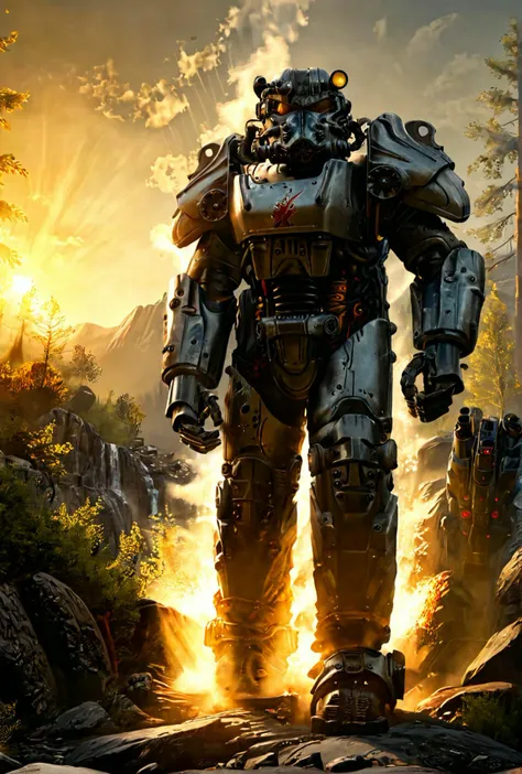 Power Armour, T-60, walking through mountains, large mountain, waterfall, trees, sunny sky, holding gun, flames, accurate foliage
[reflections, dark lighting, light rays, beams of light, realistic, high quality photo, 4k]
<lora:add-detail-xl:0.5> <lora:xl_more_art-full_v1:0.4> <lora:Power Armour v2.0:0.9>