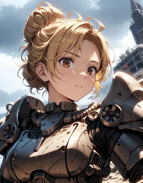 1girl, <lora:Power Armour v2.0:1> 7-PowerArmour solo, (t-60), no helmet, no headwear, blonde hair, single hair bun, messy hair, brown eyes, from below, cinematic angle, looking down, looking at viewer, cloudy sky, overcast, depth of field, blurry background, cinematic, filmic, high budget, (masterpiece), (best quality), (ultra-detailed), very aesthetic, illustration, perfect composition, intricate details, absurdres, <lora:offset_0.2:0.5>, <lora:add-detail-xl:0.5>, <lora:sdxl2-flat2-512b:-0.5>, <lora:xl_more_art-full_v1:0.5>