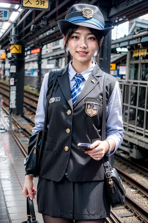 (realistic:1.3), finely detailed, quality, rembrandt lighting, (masterpiece:1.2), (photorealistic:1.2), (best quality), (detailed skin:1.3), (intricate details), dramatic, ray tracing, 1girl, japanese girl, 21 years old, detailed skin texture, (blush:0.5), (goosebumps:0.5), subsurface scattering, smiling, medium breasts, short hair curls, bangs, hair between eyes, a woman wearing a uniform, blue shirt,vest,hat,uniform, jacket,necktie,ribbon, pencil skirt, cowboy shot, (bright sunny day, tokyo, train station, train platform, train tracks), <lora:trainconductor_lora:0.7>