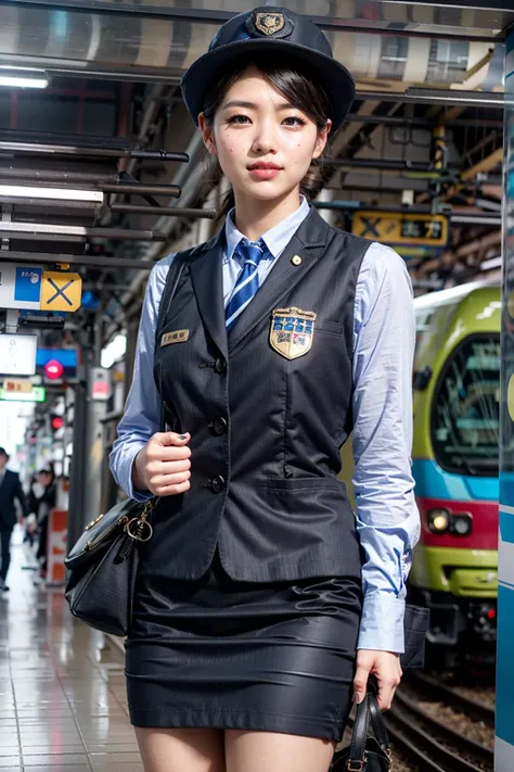 (realistic:1.3), finely detailed, quality, rembrandt lighting, (masterpiece:1.2), (photorealistic:1.2), (best quality), (detailed skin:1.3), (intricate details), dramatic, ray tracing, 1girl, japanese girl, 21 years old, detailed skin texture, (blush:0.5), (goosebumps:0.5), subsurface scattering, smiling, medium breasts, short hair curls, bangs, hair between eyes, a woman wearing a uniform, blue shirt,vest,hat,uniform, jacket,necktie,ribbon, pencil skirt, cowboy shot, (bright sunny day, tokyo, train station, train platform, train tracks), <lora:trainconductor_lora:0.7>