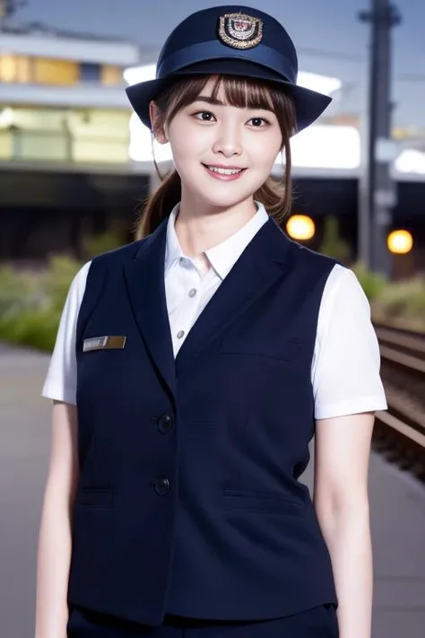 1girl,(RAW photo, best quality), (realistic, photo-realistic:1.4), masterpiece, an extremely delicate and beautiful, extremely detailed, 2k wallpaper, Amazing, finely detail, extremely detailed CG unity 8k wallpaper, ultra-detailed, highres, soft light, beautiful detailed girl, extremely detailed eyes and face, beautiful detailed nose, beautiful detailed eyes,cinematic lighting,on a train platform in tokyo,train track,city lights at night,perfect anatomy,slender body,smiling <lora:trainconductor_lora:0.7>,a woman in uniform,blue shirt,hat,vest,pants
<lora:tamashirotina_lora:0.7>