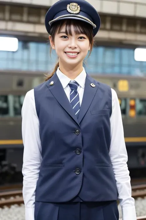 1girl,(RAW photo, best quality), (realistic, photo-realistic:1.4), masterpiece, an extremely delicate and beautiful, extremely detailed, 2k wallpaper, Amazing, finely detail, extremely detailed CG unity 8k wallpaper, ultra-detailed, highres, soft light, beautiful detailed girl, extremely detailed eyes and face, beautiful detailed nose, beautiful detailed eyes,cinematic lighting,on a train platform in tokyo,train track,city lights at night,perfect anatomy,slender body,smiling <lora:trainconductor_lora:0.7>,a woman in uniform,blue shirt,hat,vest,pants,necktie <lora:tabemikakov2_lora:0.7>