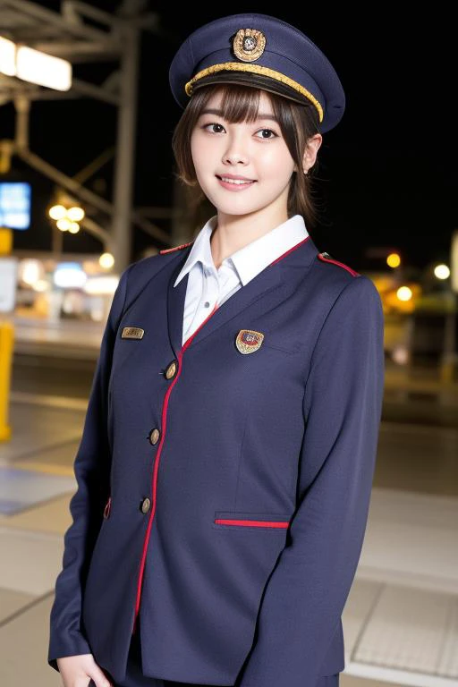 1girl,(RAW photo, best quality), (realistic, photo-realistic:1.4), masterpiece, an extremely delicate and beautiful, extremely detailed, 2k wallpaper, Amazing, finely detail, extremely detailed CG unity 8k wallpaper, ultra-detailed, highres, soft light, beautiful detailed girl, extremely detailed eyes and face, beautiful detailed nose, beautiful detailed eyes,cinematic lighting,on a train platform in tokyo,train track,city lights at night,perfect anatomy,slender body,smiling <lora:trainconductor_lora:0.7>,a woman in uniform,blue shirt,hat,jacket,pants
<lora:tamashirotina_lora:0.7>