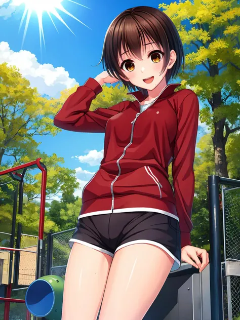 masterpiece,best quality,highres,cinematic lighting,dramatic angle,1girl,<lora:SakuraSakuraV2-000006:0.8>,sakura,red zipped jacket,shirt,shorts,exercising,sweat,playground,crowd,blue sky,woods,sunshine,drinking water,looking at viewer,:d,blush,brown hair,brown eyes,short hair,wet clothes,see-through