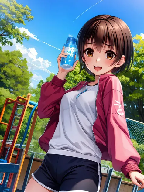 masterpiece,best quality,highres,cinematic lighting,dramatic angle,1girl,<lora:SakuraSakuraV2-000006:0.8>,sakura,red zipped jacket,shirt,shorts,exercising,sweat,playground,crowd,blue sky,woods,sunshine,drinking ,water bottle,looking at viewer,:d,blush,brown hair,brown eyes,short hair,wet clothes,see-through,sweaty,steam