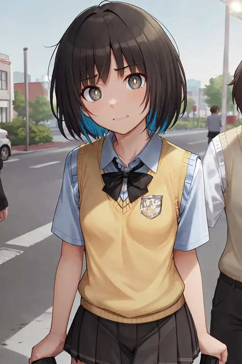 tachibanamiya, tachibana_miya, (yellow_sweater_vest:1.3), (short_hair, small_breasts, collarbone:1.1), black_bowtie, black_skirt, pleated_skirt, white_shirt, black_legwear, loafers <lora:MiyaTachibana_tachibanaMiyaBf16:0.6>, (masterpiece, best quality, highres, absurdres, best illumination, illustration, bright pupils, finely detailed beautiful eyes, disheveled hair, shining), lighting on face, shiny face, best lighting, front lighting, outdoors, street, modern furniture, wide angle, wide shot, ((colorful theme)), dutch angle, city