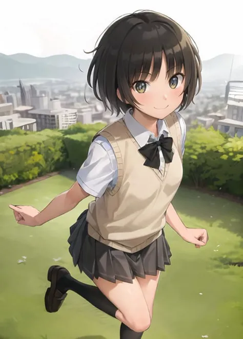 (masterpiece, best quality,extreme detailed beautiful eyes), best illumination, perfect lighting,look at viewer, (1 girl, solo,day, city:1.3),<lora:miya_lycoris_bf16:0.6>,tachibanamiya,tachibana_miya,
(full body,dynamic angle,dynamic pose,smile,shiny_eyes:1.2),(yellow_sweater_vest:1.3),
(short_hair,small_breasts,collarbone:1.1),black_bowtie,black_skirt,pleated_skirt,white_shirt,black_legwear,loafers