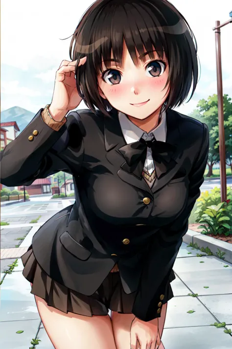 masterpiece, best quality,
<lora:MiyaTachibana_tachibanaMiyaBf16:0.7>, tachibanamiya, (short_hair,small_breasts:1.1),young girl, black eyes, black hair, (black blazer), black uniform, petite girl,
smile, blush,
way to school, street, bowing, bent over, pleated skirt,