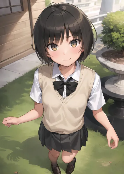 (masterpiece, best quality,extreme detailed beautiful eyes), best illumination, perfect lighting,look at viewer, (1 girl, solo,day, city:1.3),<lora:miya_lycoris_bf16:0.5>,tachibanamiya,tachibana_miya,
(full body,dynamic angle,dynamic pose,smile,shiny_eyes:1.2),(yellow_sweater_vest:1.3),(black_eyes:1.2),
(short_hair,small_breasts,collarbone:1.1),black_bowtie,black_skirt,pleated_skirt,white_shirt,black_legwear,loafers