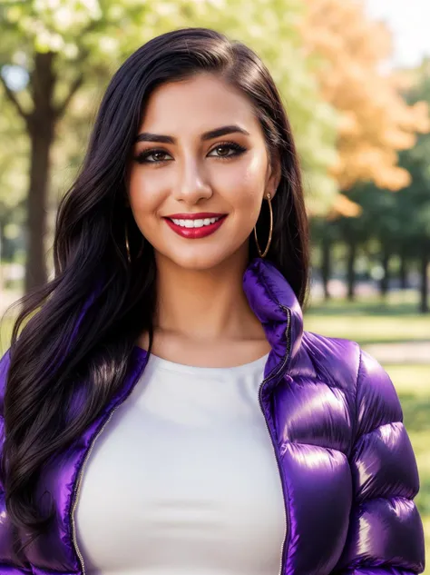 ((close-up of the face and medium body:1.4)), <lora:GiannaDior:0.5>, (short young woman:1.3), (standing in a beautiful park:1.4)
BREAK
( full-sleeve, laced, jewelry, elegant:1.3), ((super purple:1.3)), ((puffer jacket with white crew neck top:1.3))
BREAK
(medium breasts:1.2), (nice smile), (perfect white teeth:1.3), (detailed natural lips:1.2), (red lips), ((medium loose:1.2) natural black hair:1.4), (beautiful big glossy eyes:1.3), (eye makeup:1.2), (collarbone:1.2), (beautiful detailed hands:1.3), (real skin:1.2)
BREAK
natural lighting, ambient lighting, volumetric lighting, bokeh, blurry background, highest quality RAW color photo, hires, 8k uhd, dslr, Fujifilm XT3, style by Flora Borsi, bright bold colors <lora:add_detail:0.5>