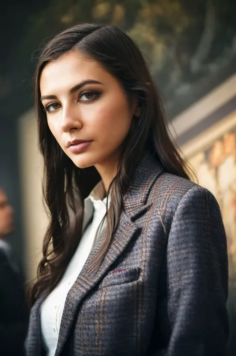 A stunning intricate full color picture of a beautiful woman, timeless tweed jacket at a museum tour, closeup,, epic character composition,by ilya kuvshinov, alessio albi, nina masic,sharp focus, subsurface scattering, f2, 35mm, film grain, latina <lora:giannd:1>
