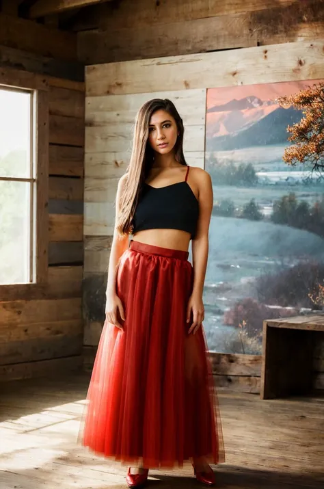 A stunning intricate full color picture of a beautiful woman, tulle skirt with a red top in a rustic barn, portait, epic character composition,by ilya kuvshinov, alessio albi, nina masic,sharp focus, subsurface scattering, f2, 35mm, film grain, latina <lora:giannd:1>