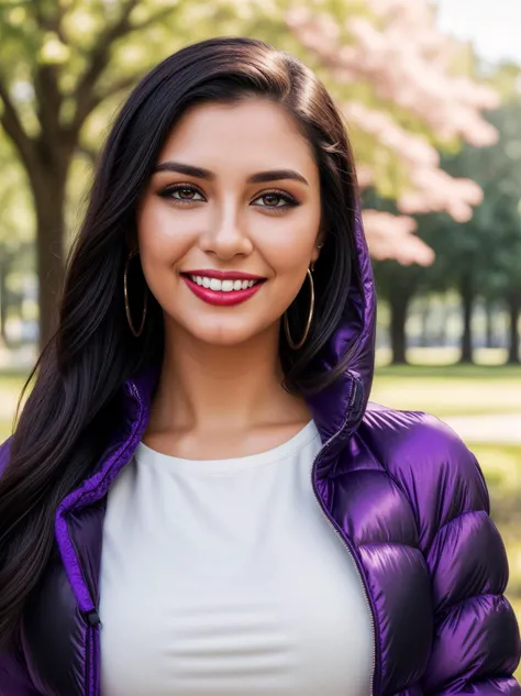 ((close-up of the face and medium body:1.4)), <lora:GiannaDior_fixed:1.0>, (short young woman:1.3), (standing in a beautiful park:1.4)
BREAK
( full-sleeve, laced, jewelry, elegant:1.3), ((super purple:1.3)), ((puffer jacket with white crew neck top:1.3))
BREAK
(medium breasts:1.2), (nice smile), (perfect white teeth:1.3), (detailed natural lips:1.2), (red lips), ((medium loose:1.2) natural black hair:1.4), (beautiful big glossy eyes:1.3), (eye makeup:1.2), (collarbone:1.2), (beautiful detailed hands:1.3), (real skin:1.2)
BREAK
natural lighting, ambient lighting, volumetric lighting, bokeh, blurry background, highest quality RAW color photo, hires, 8k uhd, dslr, Fujifilm XT3, style by Flora Borsi, bright bold colors <lora:add_detail:0.5>