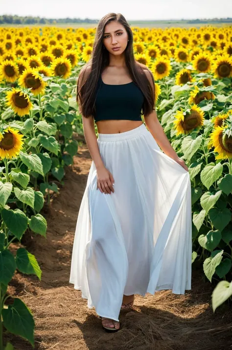 A stunning intricate full color picture of a beautiful woman, flowy maxi skirt with a crop top in a sunflower field, portait, epic character composition,by ilya kuvshinov, alessio albi, nina masic,sharp focus, subsurface scattering, f2, 35mm, film grain, latina <lora:giannd:1>