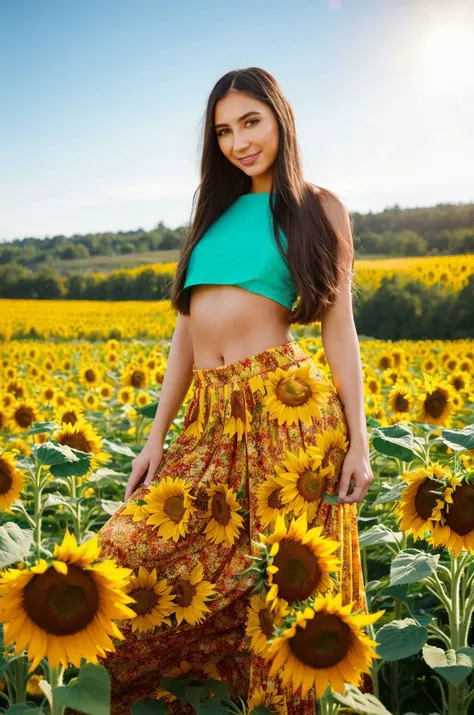 A stunning intricate full color picture of a beautiful woman, flowy maxi skirt with a crop top in a sunflower field, portait, epic character composition,by ilya kuvshinov, alessio albi, nina masic,sharp focus, subsurface scattering, f2, 35mm, film grain, cute smile, latina <lora:giannd:1>