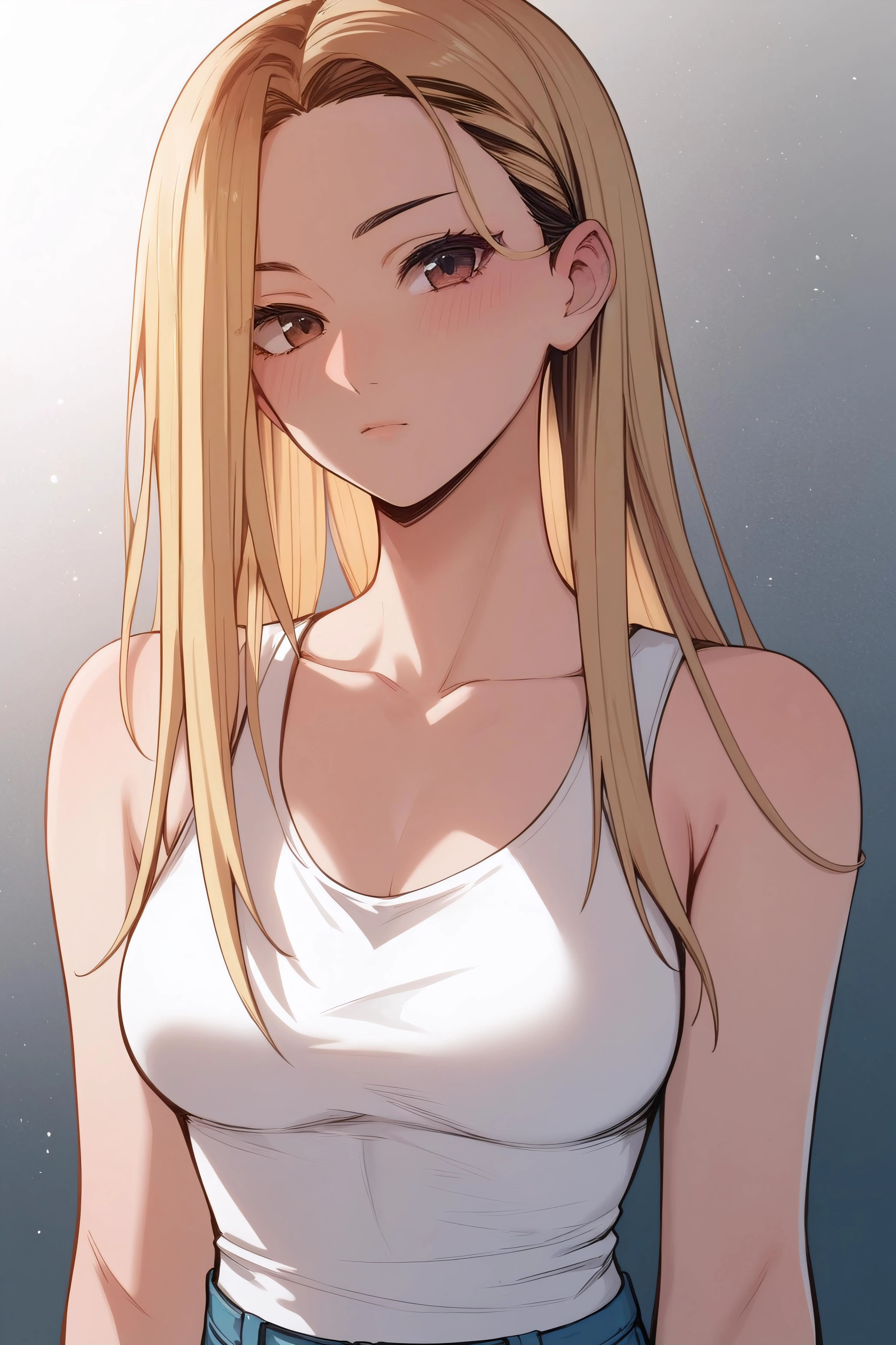 score_9, score_8_up, score_7_up, <lora:Jia Han-PonyXL-lora-Faxtron:0.8> jia han, brown eyes, blonde hair, multicolored hair, long hair, medium breasts, white tank top, bare shoulders, collarbone, sleeveless, blue denim shorts, standing,