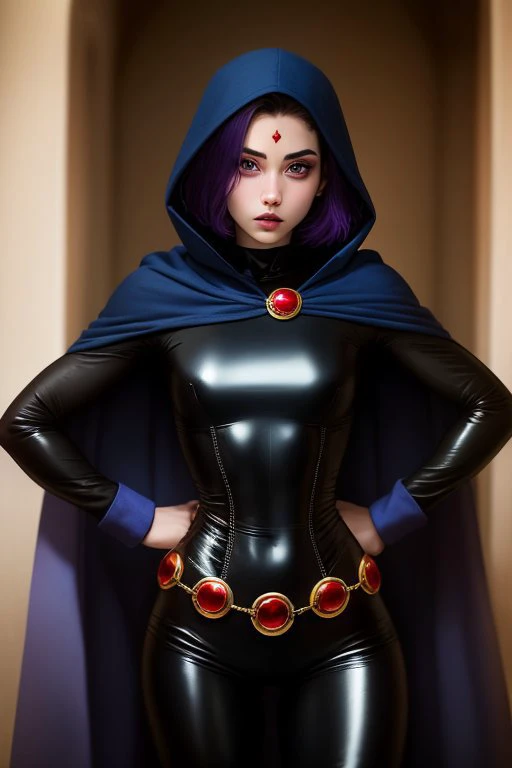(Magazine, Photoshoot, DOF, F/2.8, Ultra-HD, extreme detail,detailed face and eyes), best quality, 1girl, raven, \(dc\), solo, black leather corset, black latex bodysuit, black latex pants (teen body, teen face:1.4), narrow hips, thin waist, pale skin, black cape, hood up, purple hair, forehead jewel, purple eyes, short hair, belt, superhero, <lora:R3333V3N:1>