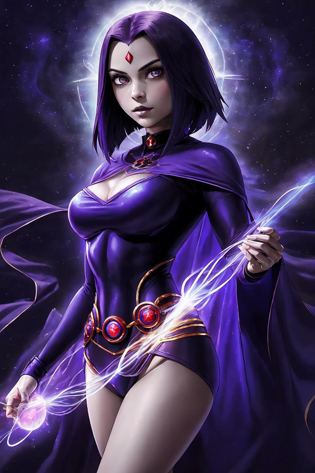 1girl, solo, An atmospheric portrayal of Raven from Teen Titans, her attire resonating with the mystic realm she stands within, her eyes glowing with energy as she masterfully weaves a spell, harmonizing her power with the magic of her surroundings. (Atmospheric, Harmonizing, Mystic), (Teen Titans attire:1.4), (masterful spellweaving:1.3), (radiant energy:1.2), (by George Perez, Phil Bourassa), (Mystic harmony, Enchanted mastery),<lora:RavenDC:0.85>