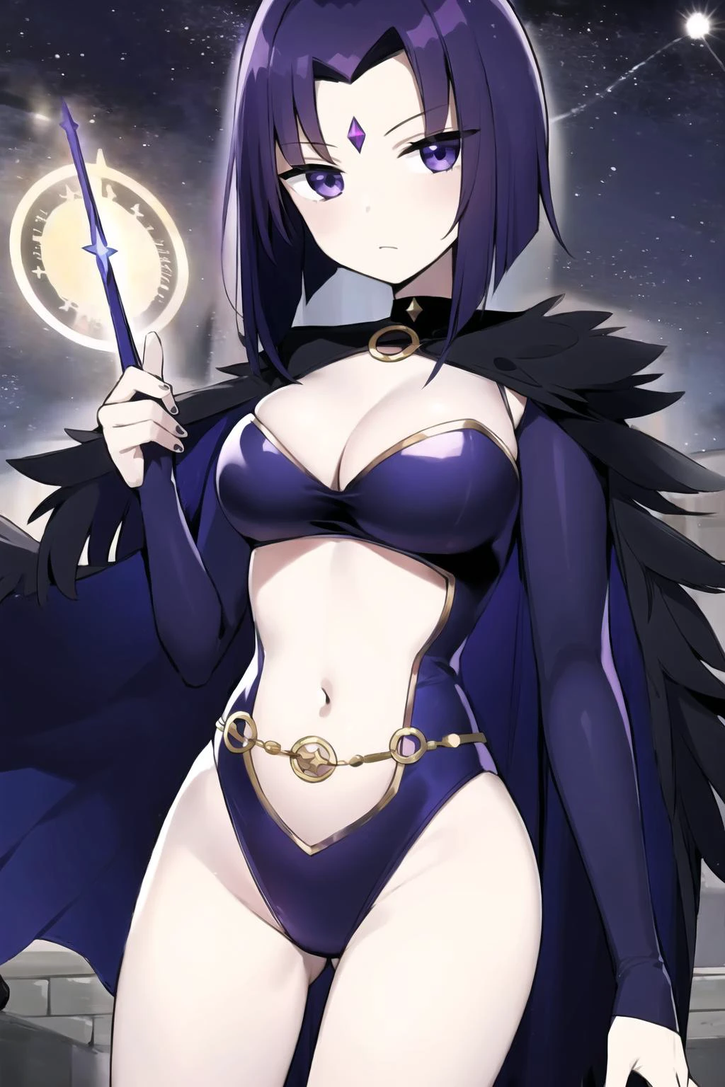 1girl, solo, raven \(dc\), magic, casting spell, magic circle, dark magical circle, night, outdoors, <lora:RavenDC:0.85>