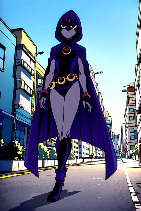 masterpiece, best quality, <lora:ravenTeenTitans2003_ravenV10:0.9>, Raven, Teen Titans, Grey skin, full body, 1girl, solo, action, cape, hood, detailed background, city, walking, exposed legs